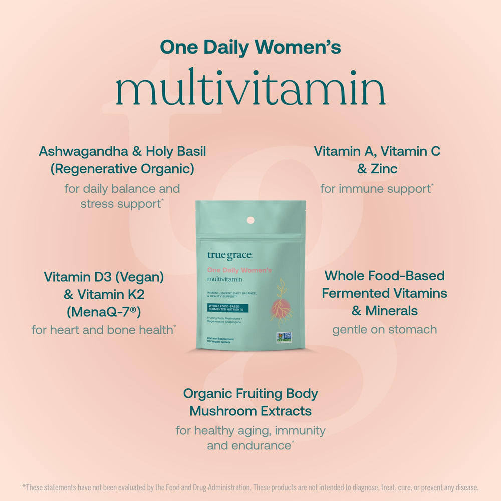 True Grace Organic Mushroom Blend label showcases beta-glucans for potential immune support.