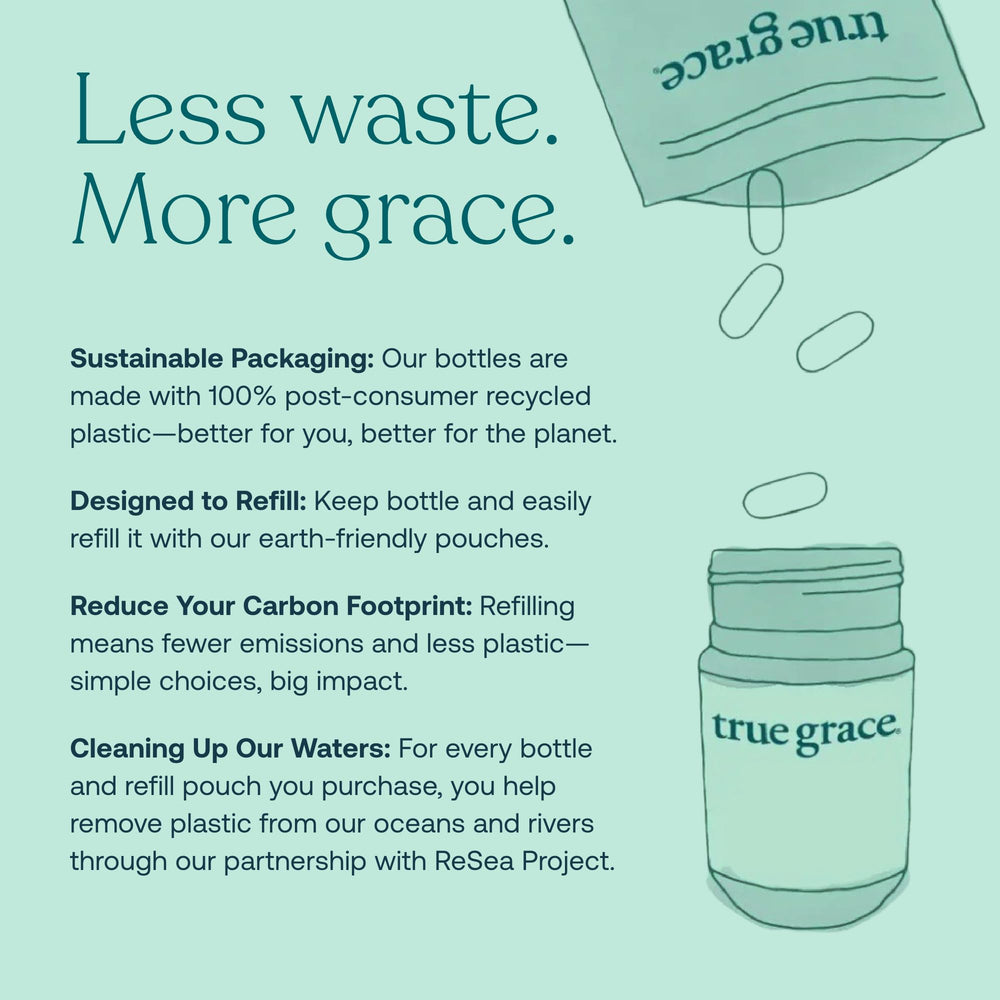 True Grace Refill Pouch with bottle highlights eco-friendly packaging and waste reduction.