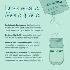 True Grace Refill Pouch with bottle highlights eco-friendly packaging and waste reduction.