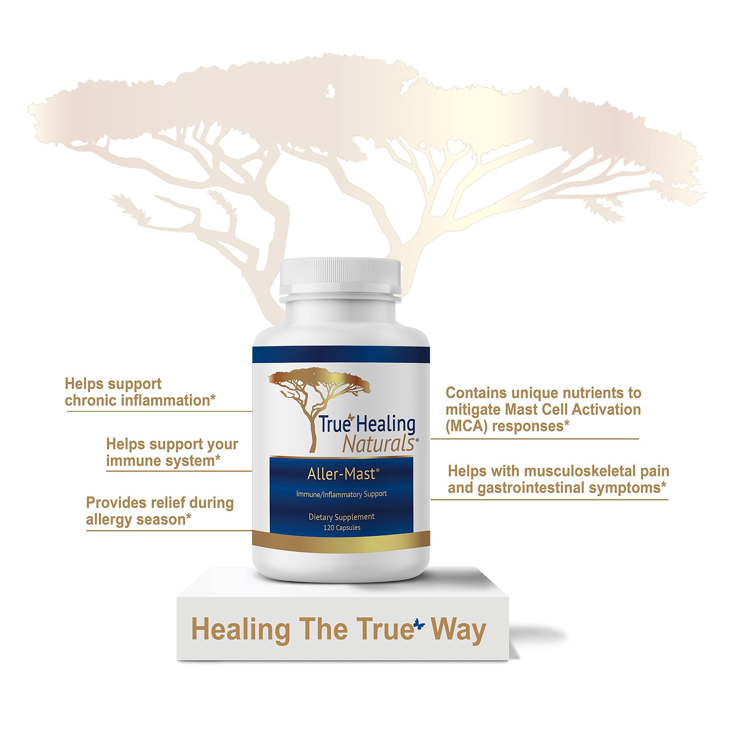 True Healing Naturals Aller-Mast packaging emphasizes quality and daily supplement routine