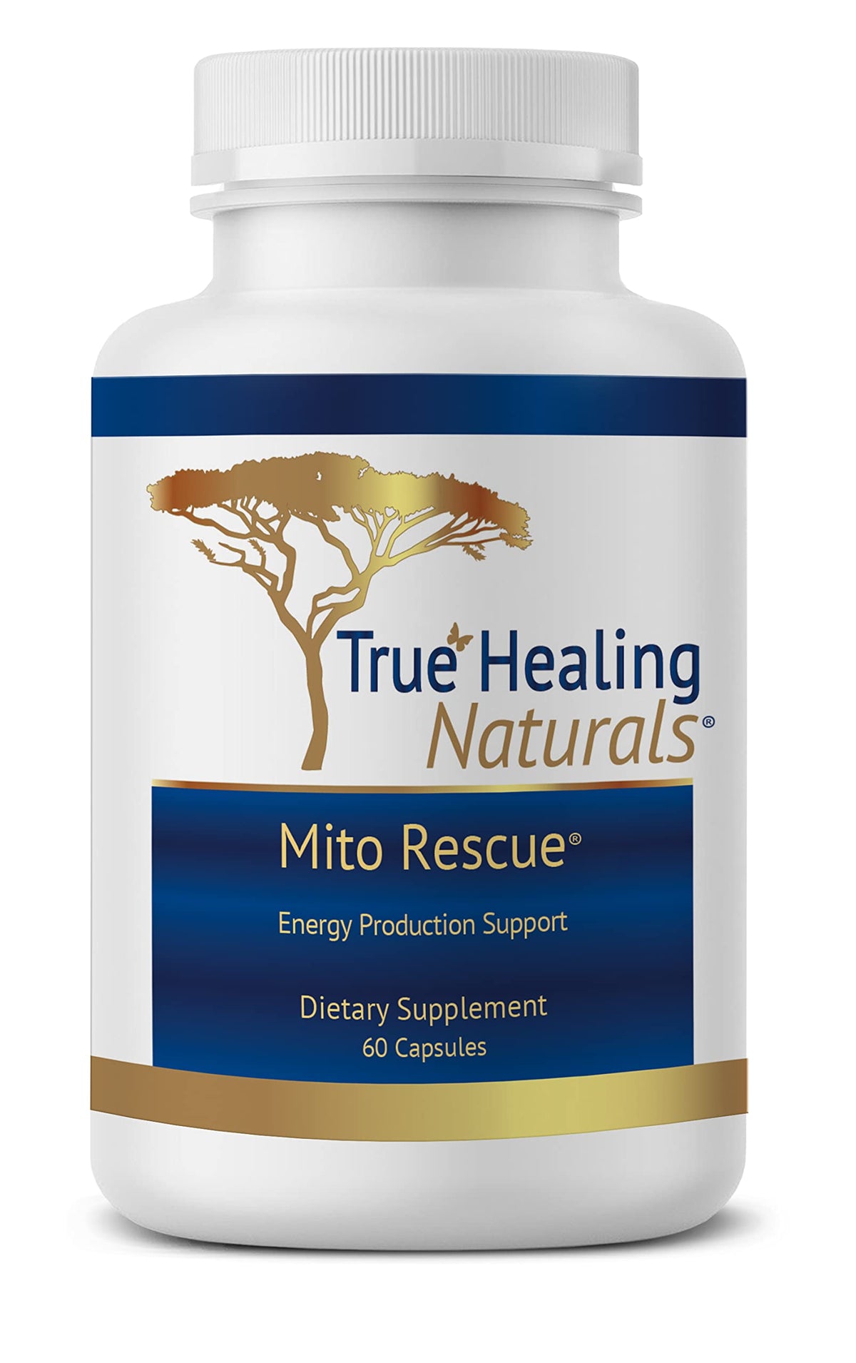 True Healing Naturals Mito Rescue bottle closeup for energy support