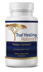 True Healing Naturals Motor Connect bottle closeup highlights ingredients for focus support.
