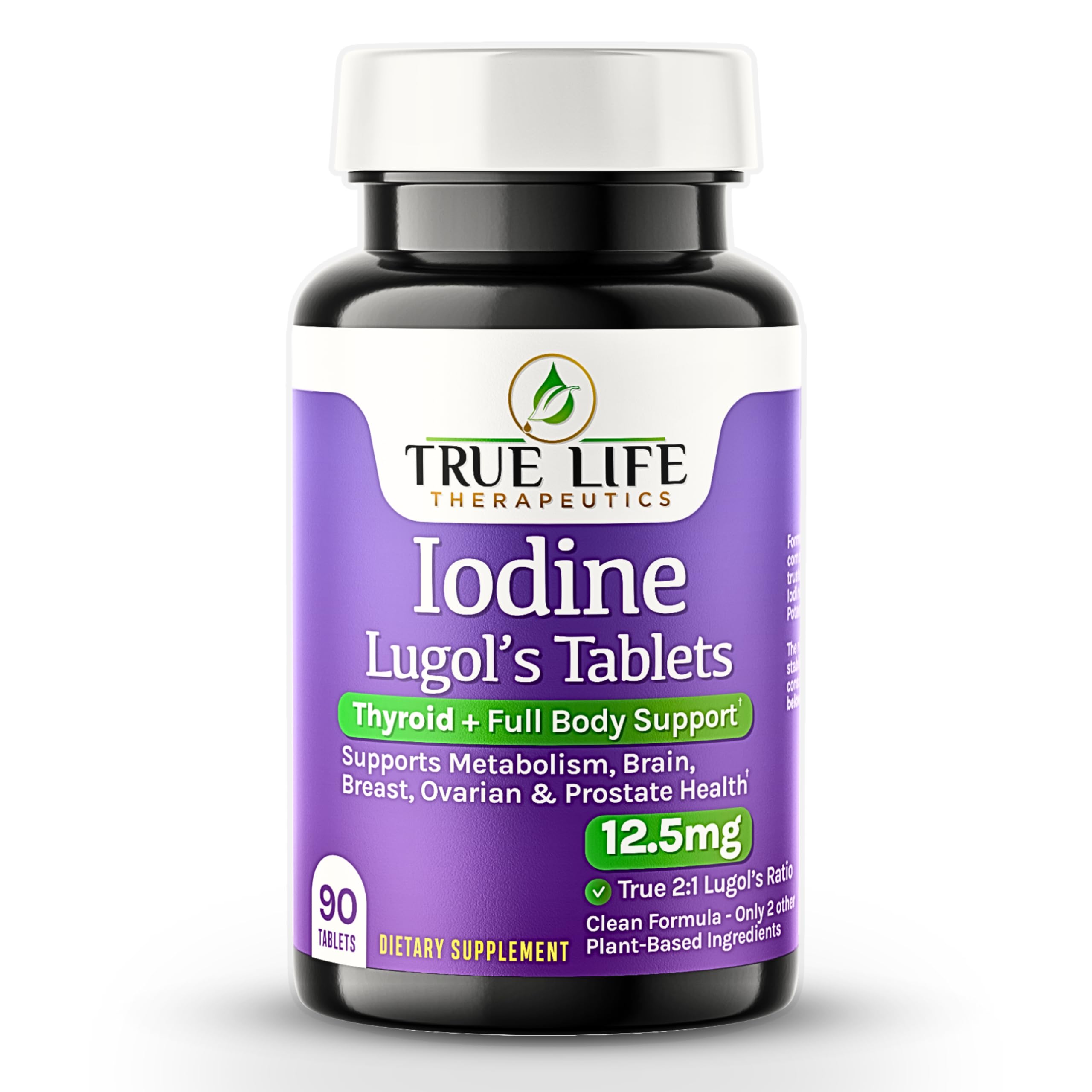 True Life Therapeutics Lugol's iodine tablets bottle front shows stable reddish-brown formula for thyroid support