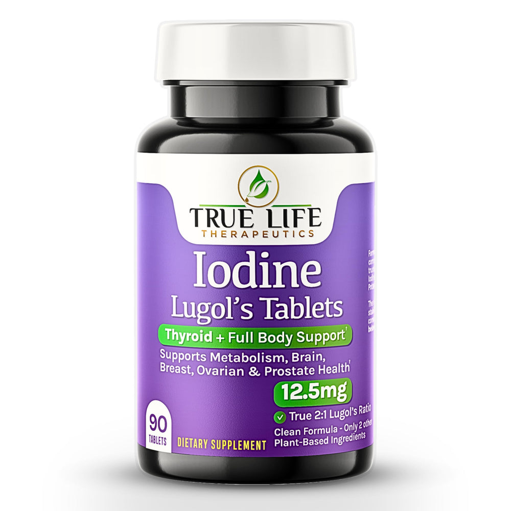 True Life Therapeutics Lugol's iodine tablets bottle front shows stable reddish-brown formula for thyroid support