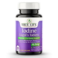 True Life Therapeutics Lugol's iodine tablets bottle front shows stable reddish-brown formula for thyroid support