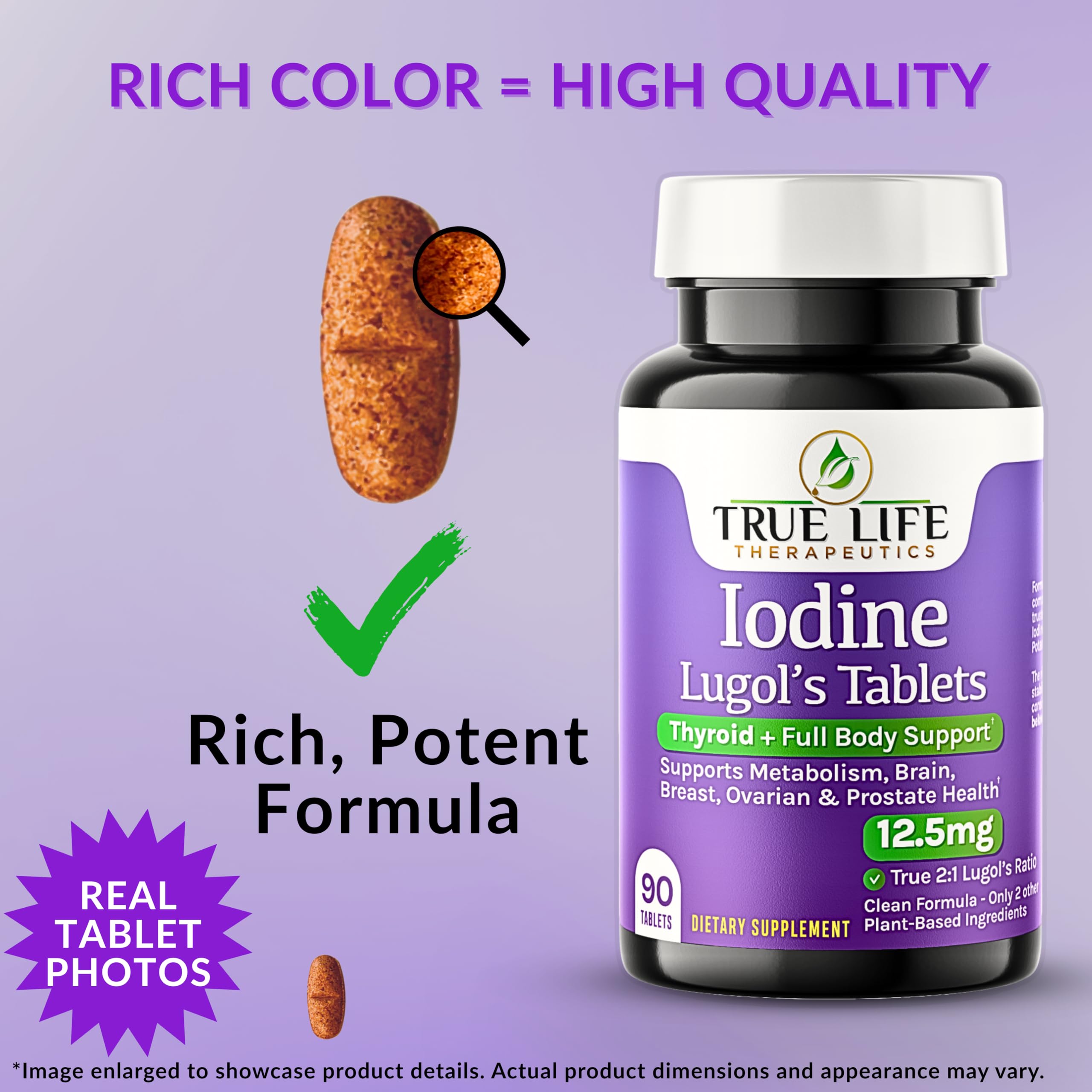 True Life Therapeutics Lugol's iodine tablets bottle side highlights potassium iodide for full-body iodine delivery