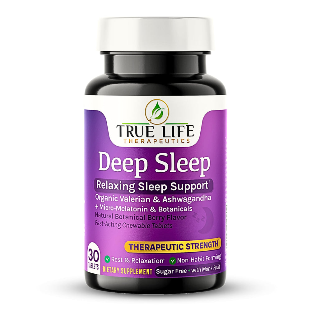 True Life Therapeutics sleep support bottle highlighting fast-acting formulation.