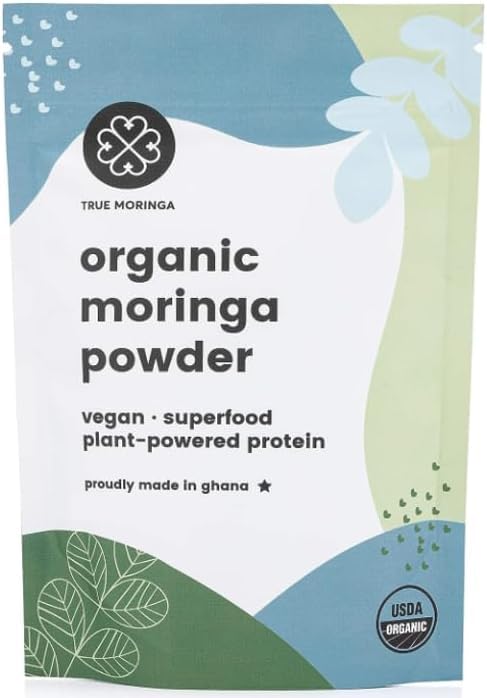 True Moringa Organic Moringa Powder 2lb bag on counter for convenient daily nutrition