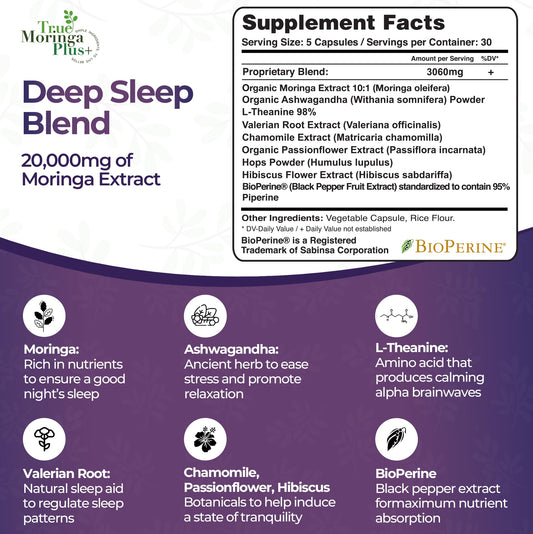 True Moringa Plus+ 10:1 moringa extract highlights potency for restful nights.