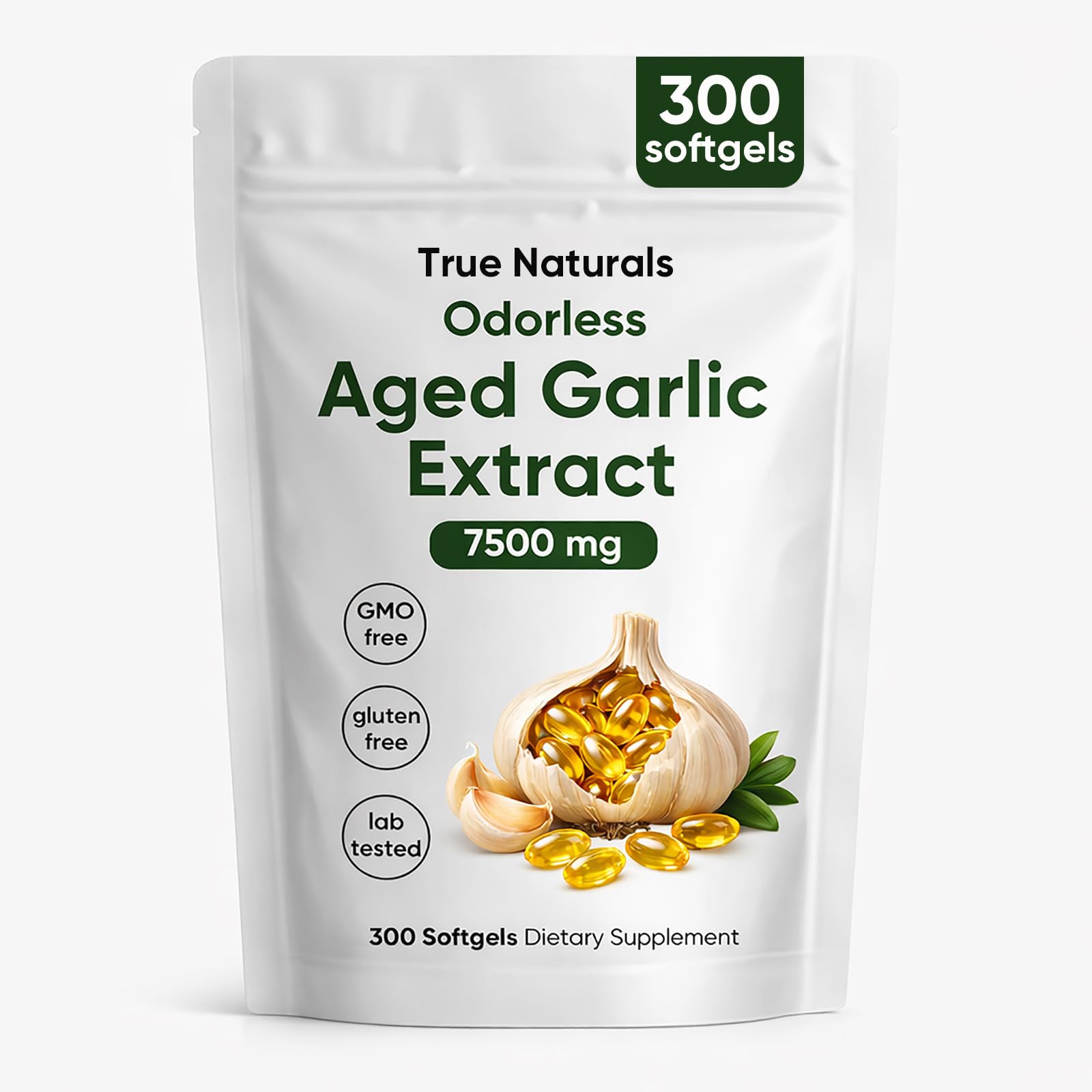 TRUE NATURALS aged garlic extract odorless capsules for daily heart and immune support.