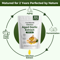 TRUE NATURALS label closeup emphasizes non-GMO garlic extract.