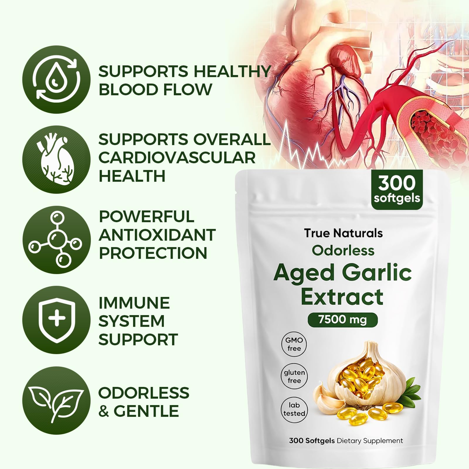 TRUE NATURALS odorless garlic softgels bottle on white view.
