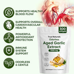 TRUE NATURALS odorless garlic softgels bottle on white view.