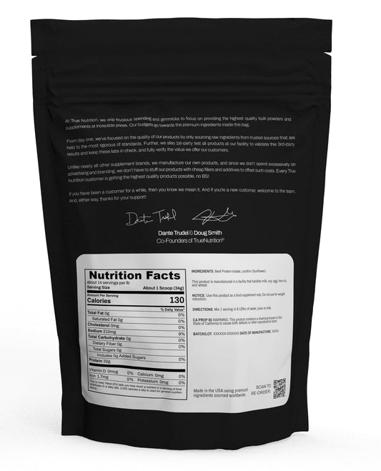 Scoop-dispense of True Nutrition beef protein powder for quick shakes