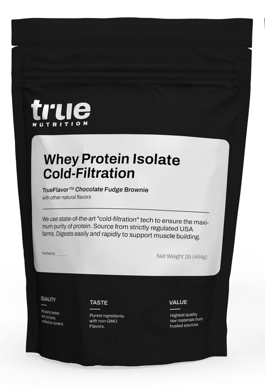 True Nutrition Chocolate Whey Isolate Cold-Filtration tub showing premium protein source and packaging