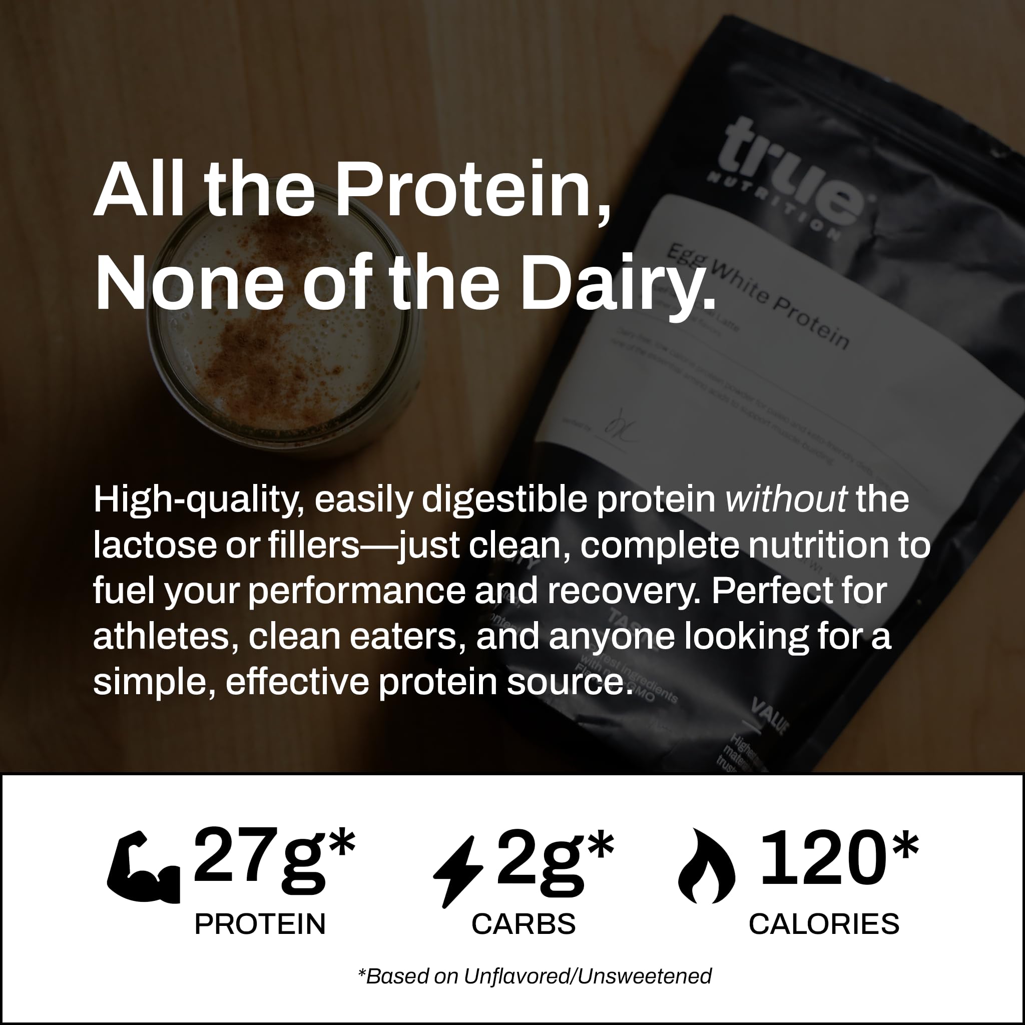 True Nutrition ingredients label highlighting lactose-free and non-GMO formulation.
