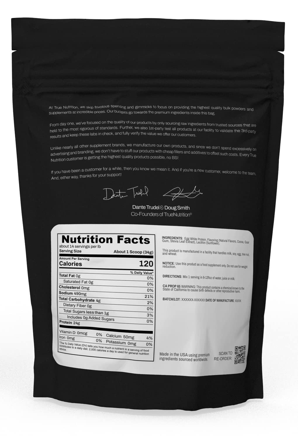 Pouring True Nutrition egg white protein into a glass for a zero-fat shake.