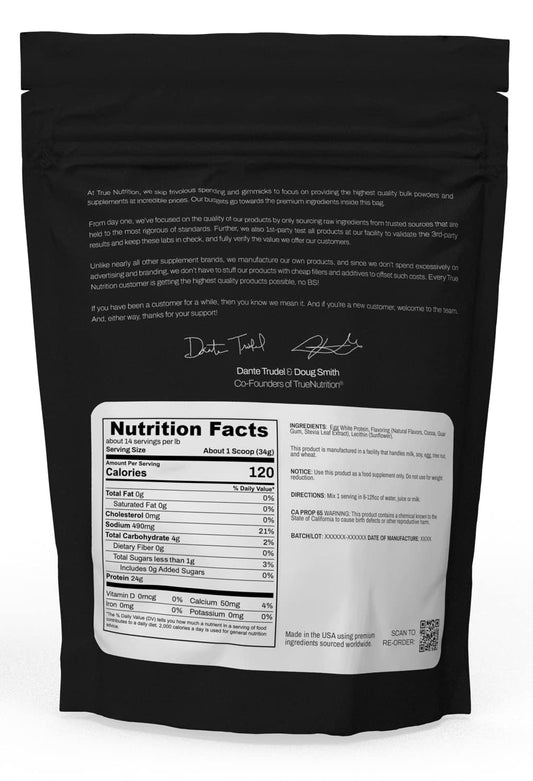 Pouring True Nutrition egg white protein into a glass for a zero-fat shake.