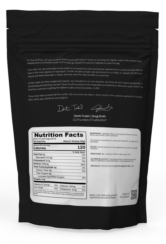 True Nutrition egg white protein powder pour demonstrating quick dairy free shakes after workouts