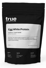 True Nutrition egg white protein powder vanilla bottle showcasing a dairy free, high protein option for post workout recovery
