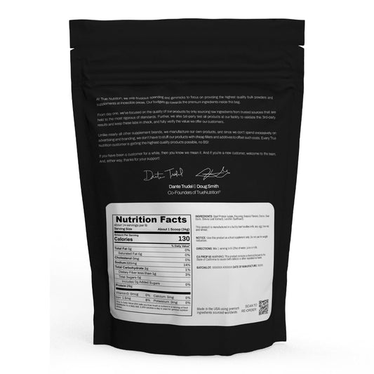 True Nutrition grass-fed beef protein isolate scoop, high-protein Paleo-friendly powder