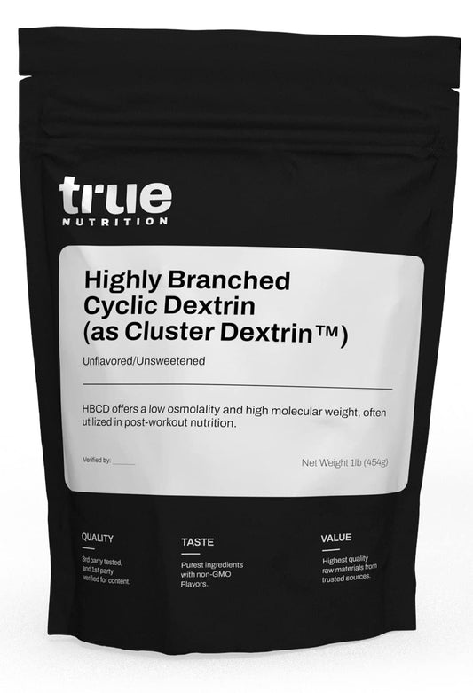 True Nutrition Hbcd powder bottle highlights rapid-absorption carbohydrates for intra-workout energy.