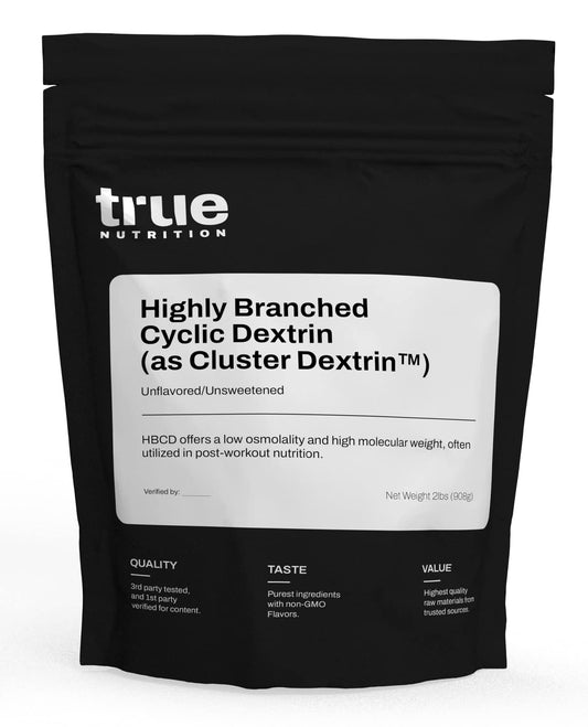 True Nutrition HBCD powder in a jar for fast, steady energy during training.