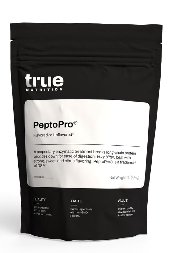 True Nutrition Hydrolyzed Caseinate bottle pour for fast-absorbing post-workout recovery.