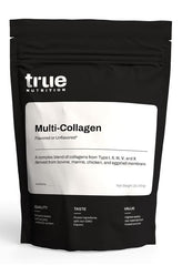 True Nutrition Multi-Collagen Powder bottle on a kitchen shelf for daily use.