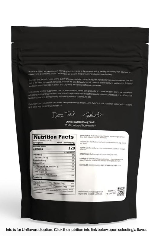 True Nutrition Multi-Collagen Powder being stirred into coffee for a neutral flavor.