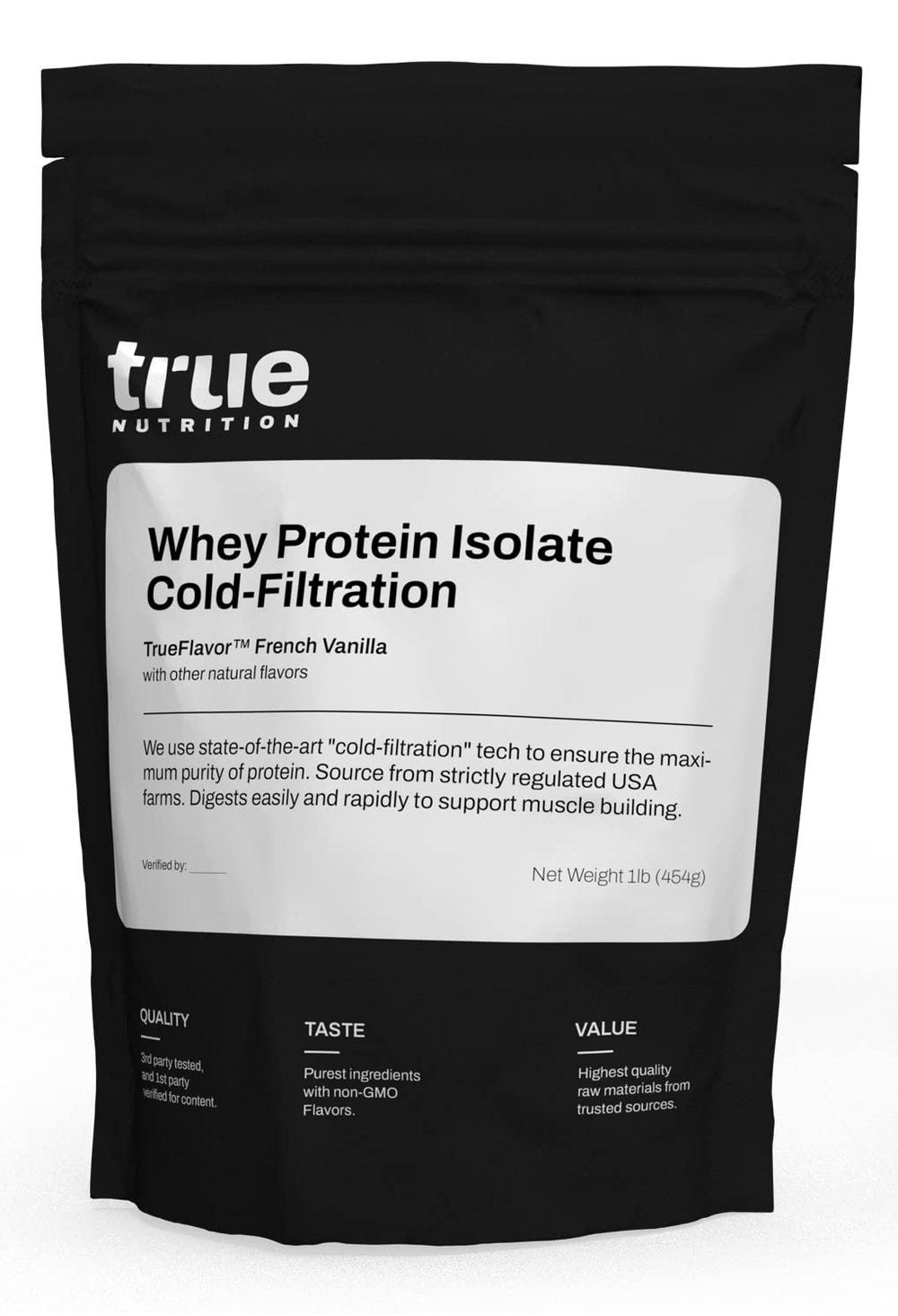 True Nutrition vanilla whey protein isolate bottle highlights cold-filtration for clean protein