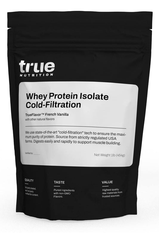 True Nutrition vanilla whey protein isolate bottle highlights cold-filtration for clean protein