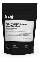 True Nutrition vanilla whey protein isolate bottle highlights cold-filtration for clean protein