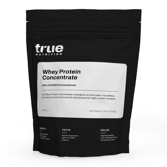 True Nutrition whey protein concentrate bottle front shows clean post-workout protein support.