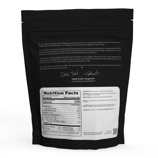 True Nutrition whey concentrate canister closeup highlights high-quality amino acids for fast fueling.