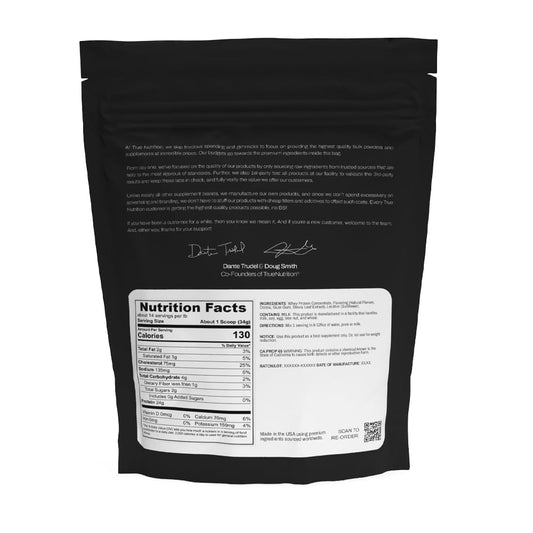 True Nutrition whey protein concentrate dry powder close-up shows fine texture for smooth mixing.