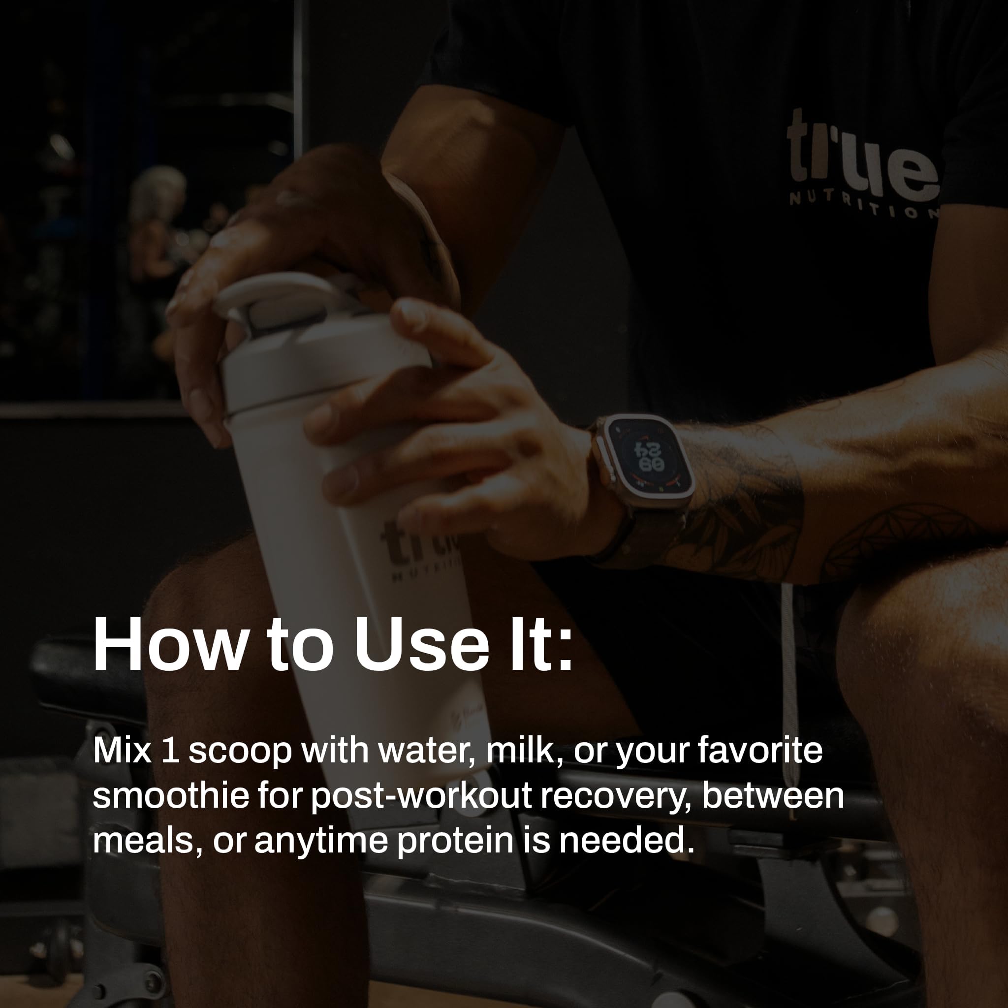 Shaker with True Nutrition whey protein shake and ice for a quick meal