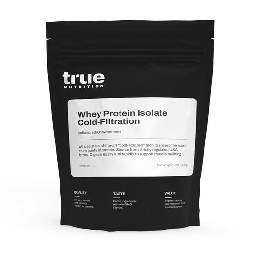 True Nutrition Whey Protein Isolate Cold-Filtration bottle: virtually fat-free, clean-tasting protein for post-workout shakes.