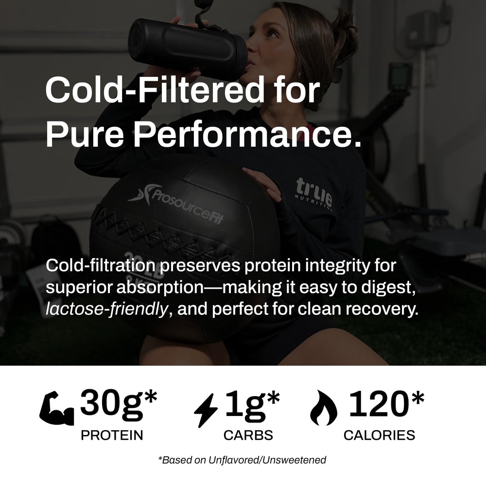 Label close-up shows ingredients and cold-filtration details for high-quality protein