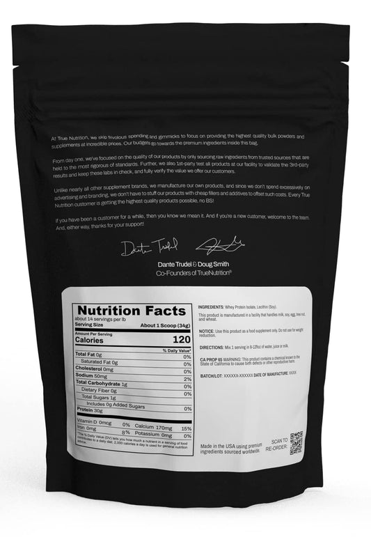 True Nutrition whey protein powder scoop in jar for easy portion control
