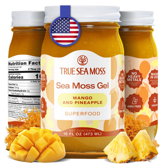 TrueSeaMoss sea moss gel mango pineapple bottle pour for easy daily use