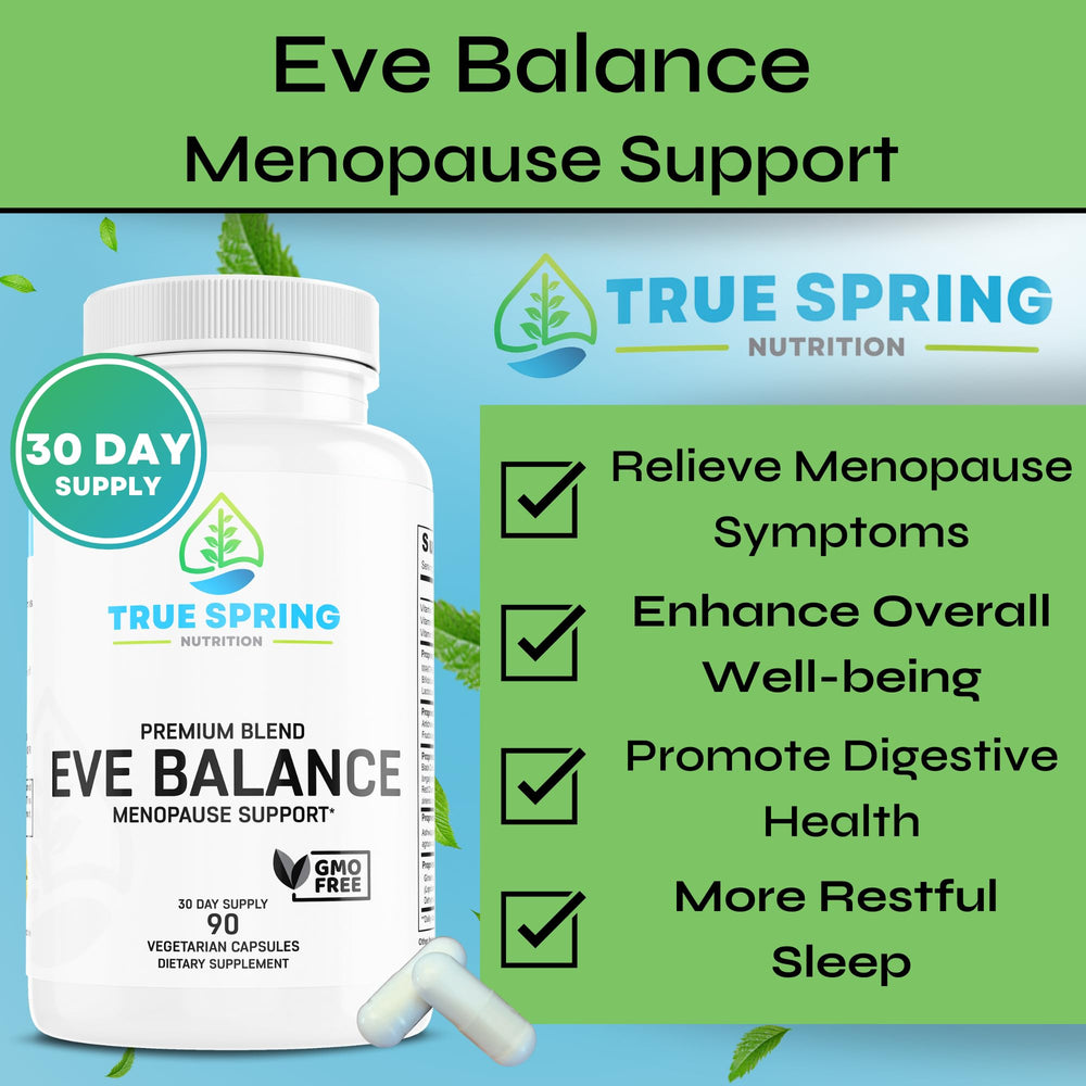 True Spring Eve Balance capsules shown for convenient menopause relief.