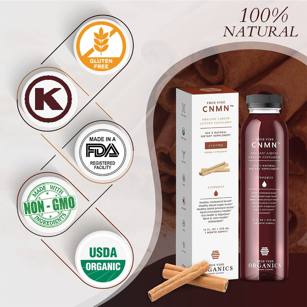 True Vine heart friendly cinnamon bottle suggests daily support potential.