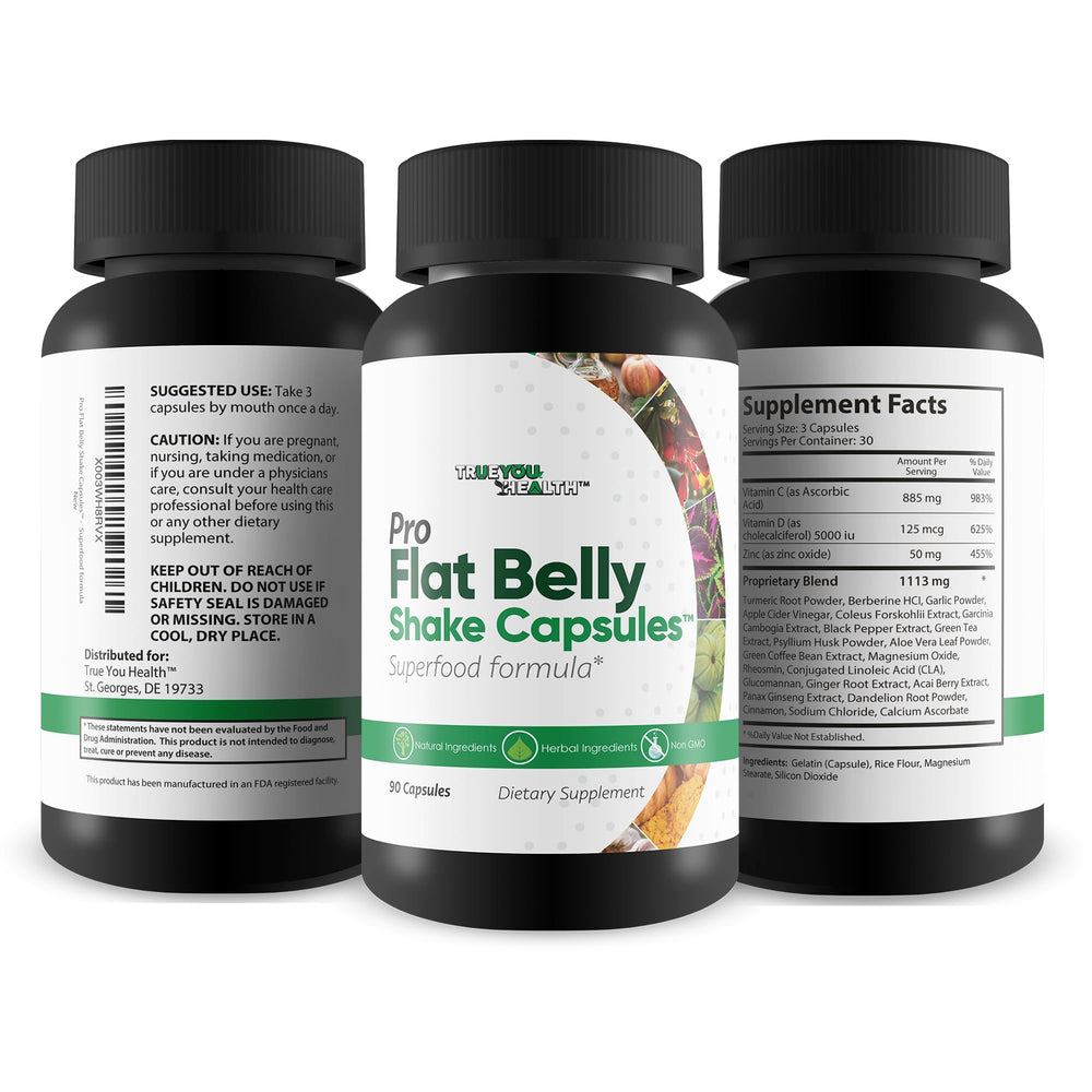 True You Health Pro Flat Belly Shake Capsules ingredients feature psyllium, aloe vera, green tea.