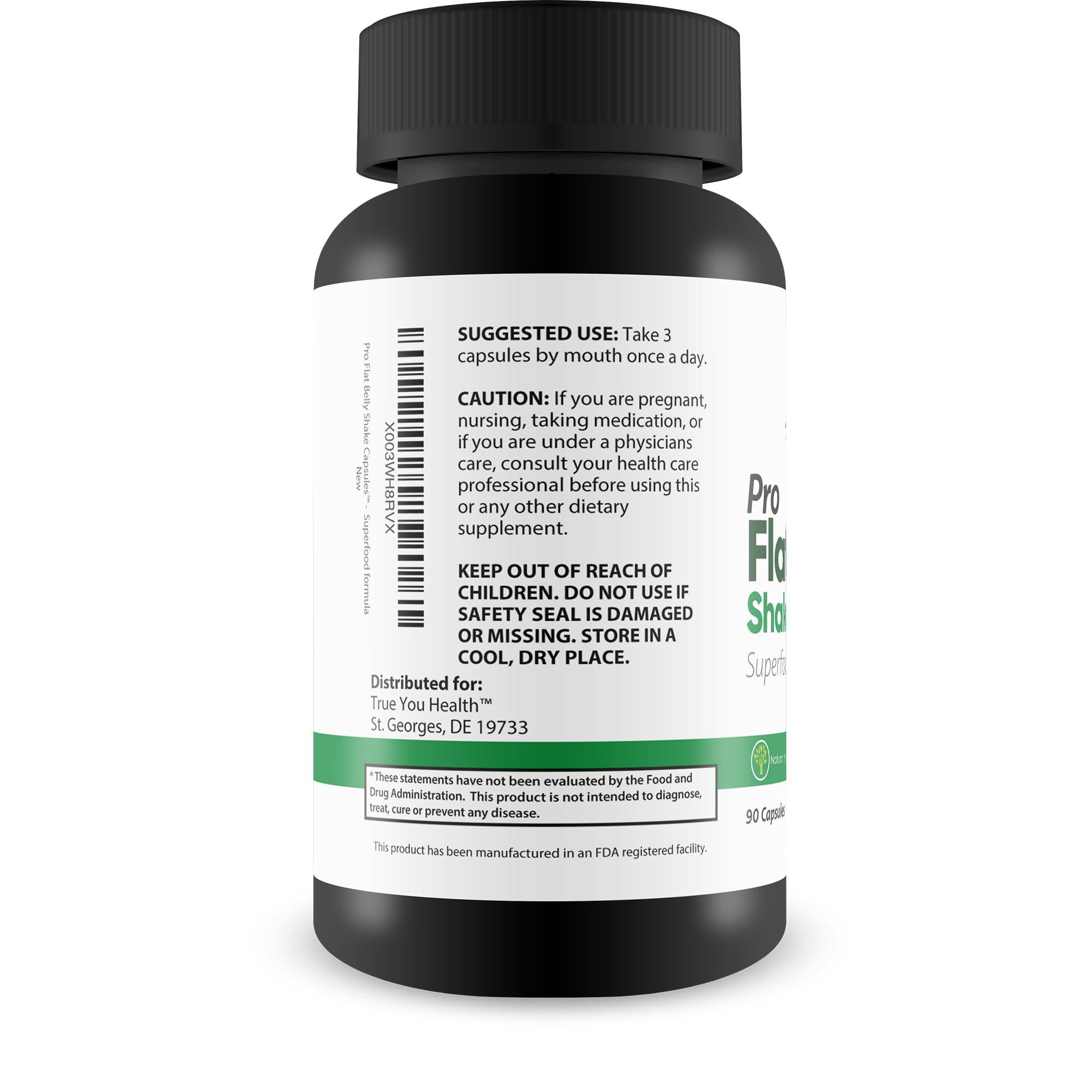 True You Health Pro Flat Belly Shake Capsules packaging emphasizes premium gut cleanse in the USA.