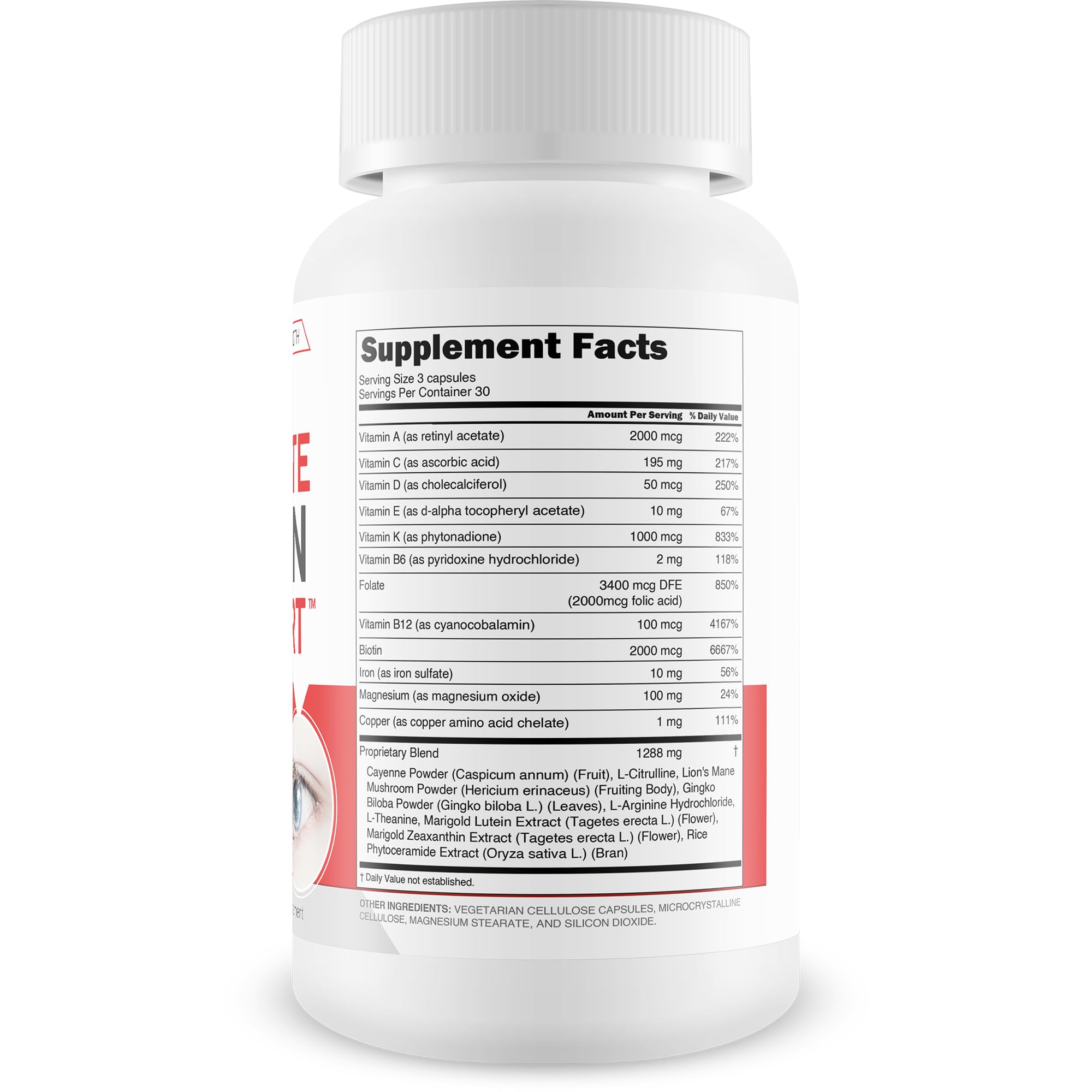 True You Health Ultimate Vision Support bottle back with ingredient highlights.