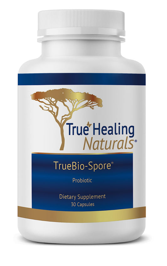 TrueBio-Spore bottle cap closeup showing 50B CFU probiotics for daily balance.