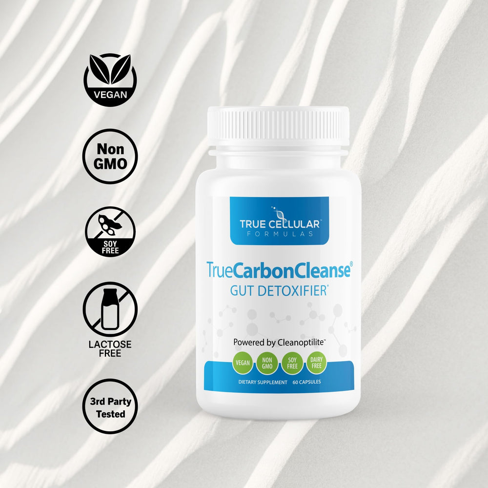 TrueCarbonCleanse packaging tube image highlighting vegan and allergen friendly capsules.