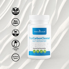 TrueCarbonCleanse packaging tube image highlighting vegan and allergen friendly capsules.