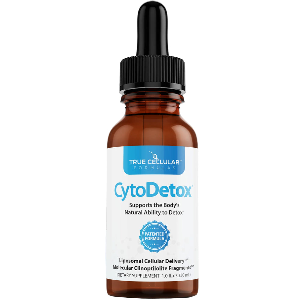 True Cellular Formulas CytoDetox bottle label showcasing liposomal zeolite tech for gentle detox